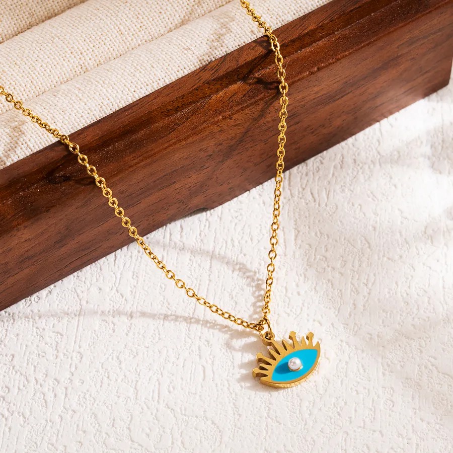 Modern Style Devil'S Eye Stainless Steel Enamel Three-Dimensional 18K Gold Plated Pendant Necklace_colorza_1