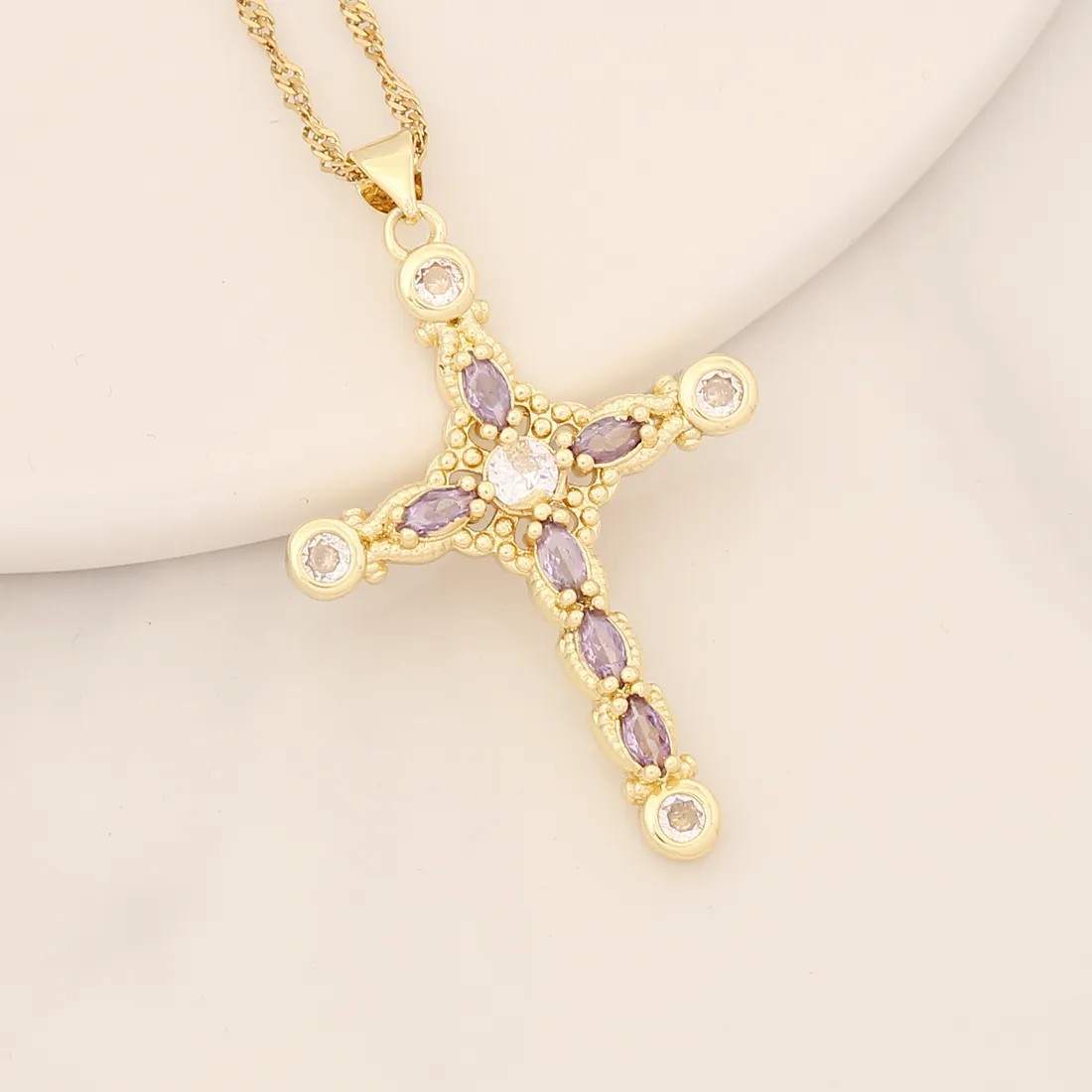 Shiny Cross Stainless Steel Copper Inlay Zircon Pendant Necklace_colorza_4
