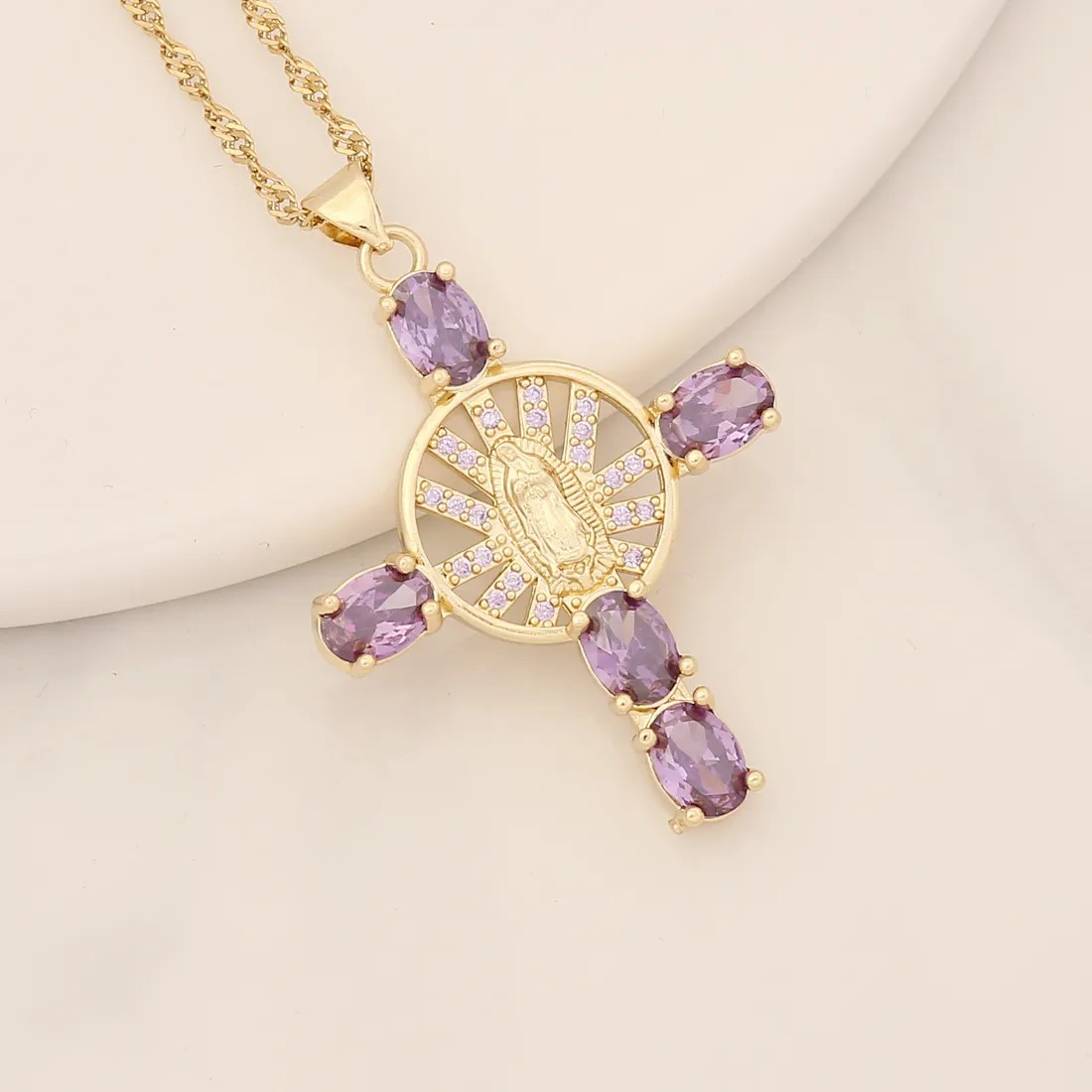 Artistic Portrait Cross Stainless Steel Copper Inlay Zircon Pendant Necklace_colorza_3
