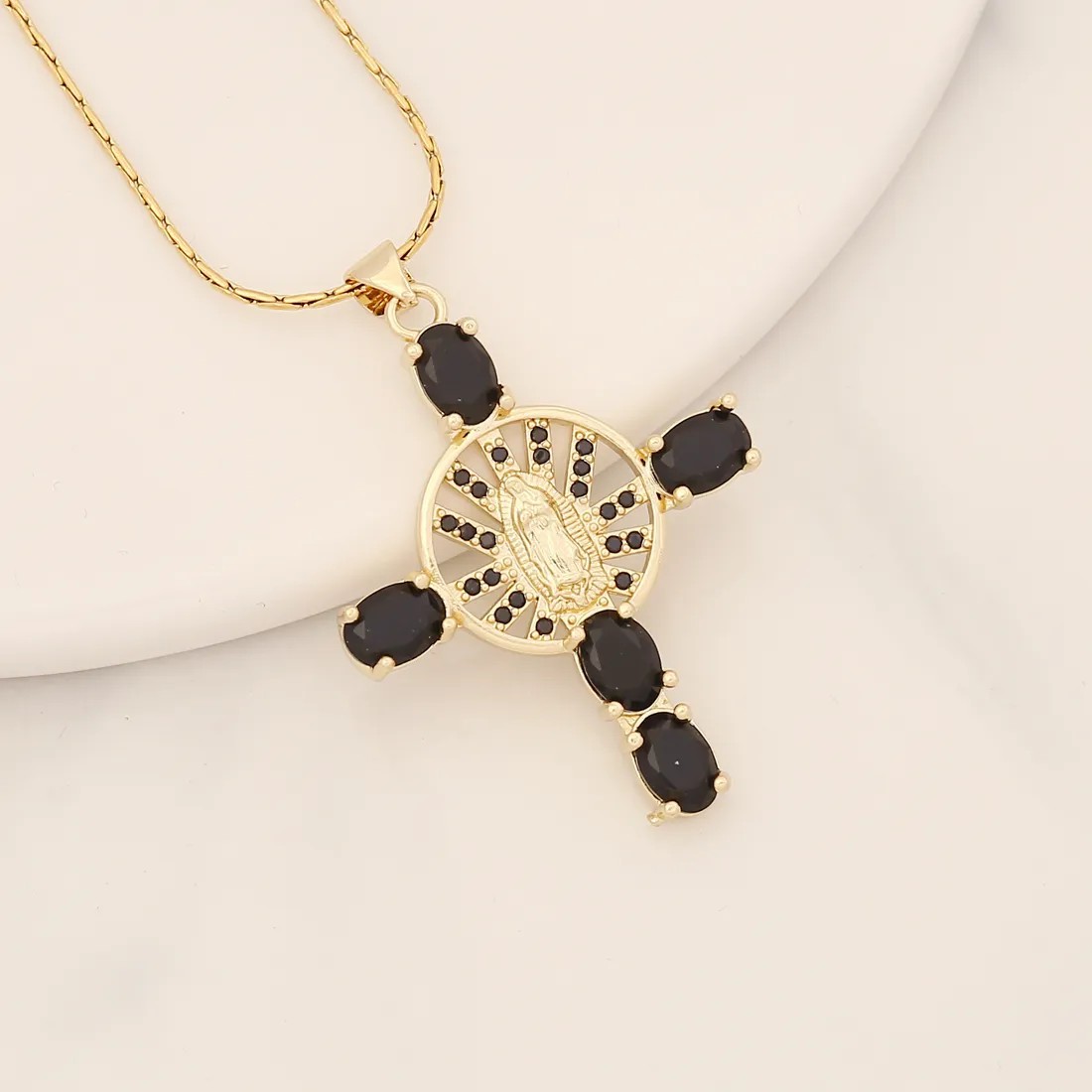 Artistic Portrait Cross Stainless Steel Copper Inlay Zircon Pendant Necklace_colorza_9