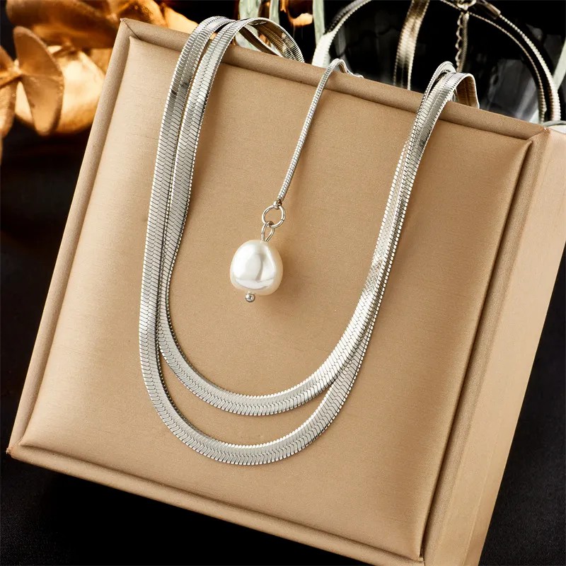 Elegant Geometric Titanium Steel Inlay Artificial Pearls 18K Gold Plated Layered Necklaces_colorza_2