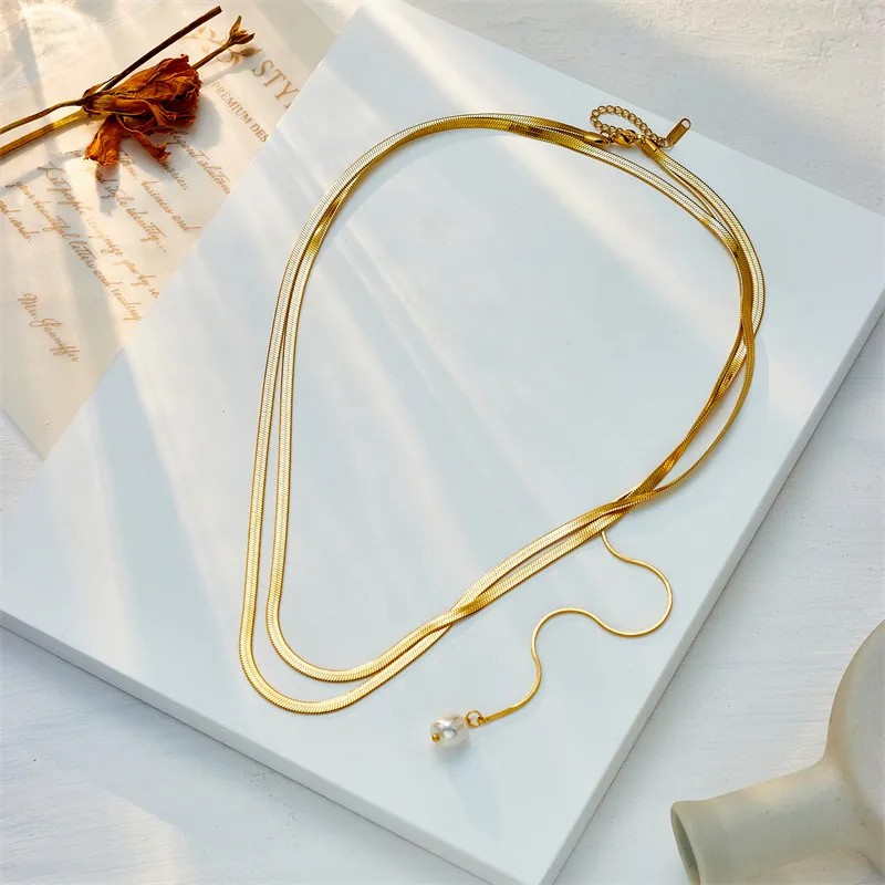 Elegant Geometric Titanium Steel Inlay Artificial Pearls 18K Gold Plated Layered Necklaces_colorza_4