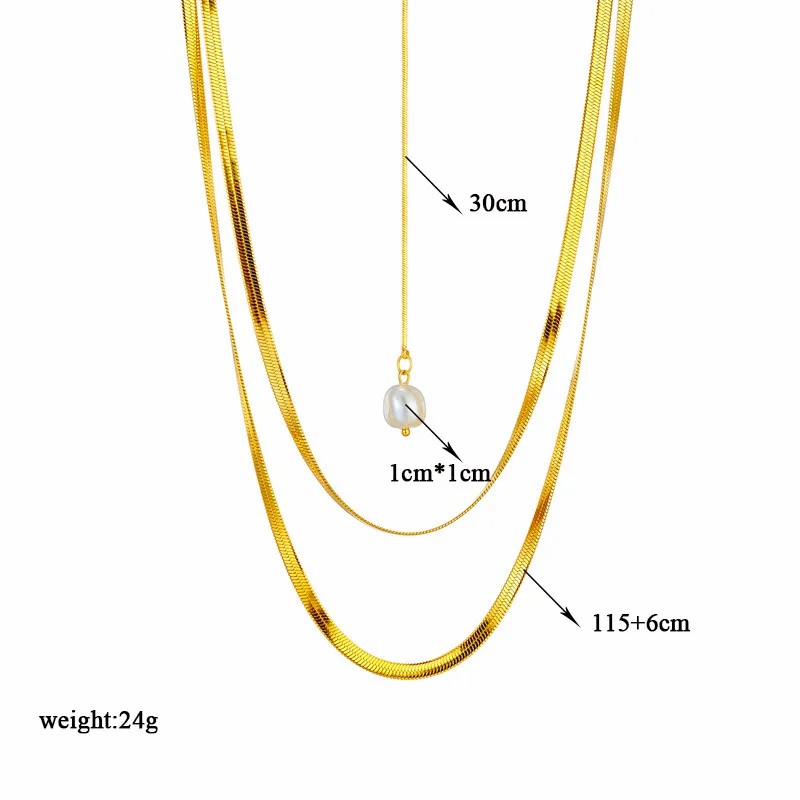 Elegant Geometric Titanium Steel Inlay Artificial Pearls 18K Gold Plated Layered Necklaces_colorza_5