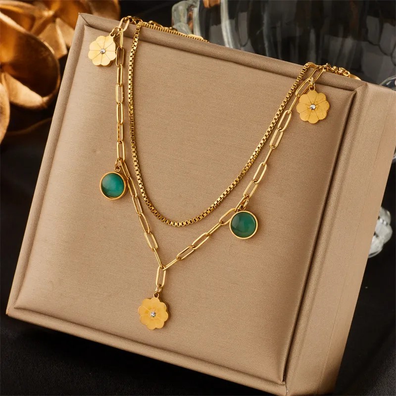 Simple Style Round Flower Titanium Steel Inlay Rhinestones Opal 18K Gold Plated Layered Necklaces_colorza_1