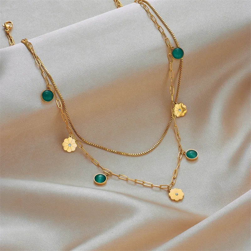 Simple Style Round Flower Titanium Steel Inlay Rhinestones Opal 18K Gold Plated Layered Necklaces_colorza_2
