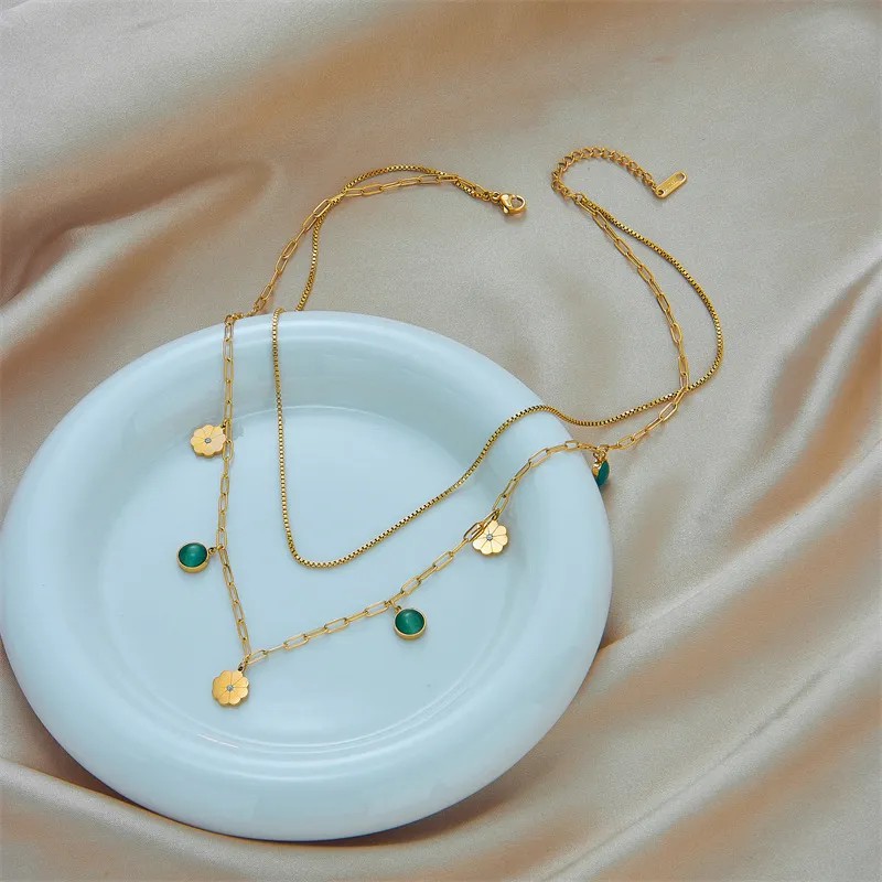 Simple Style Round Flower Titanium Steel Inlay Rhinestones Opal 18K Gold Plated Layered Necklaces_colorza_3