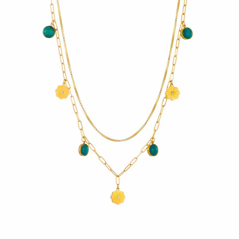 Simple Style Round Flower Titanium Steel Inlay Rhinestones Opal 18K Gold Plated Layered Necklaces_colorza_4