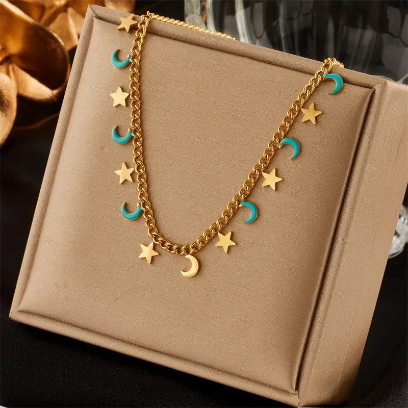 Retro Star Moon Titanium Steel Enamel 18K Gold Plated Necklace_colorza_1