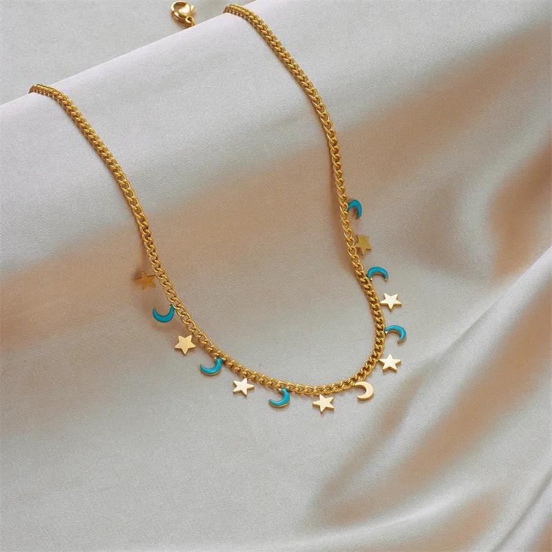 Retro Star Moon Titanium Steel Enamel 18K Gold Plated Necklace_colorza_2
