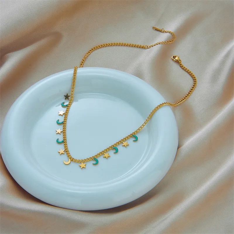 Retro Star Moon Titanium Steel Enamel 18K Gold Plated Necklace_colorza_3