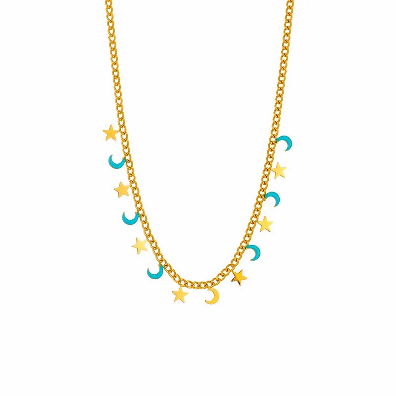Retro Star Moon Titanium Steel Enamel 18K Gold Plated Necklace_colorza_4