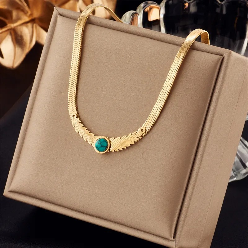 Retro Wings Titanium Steel Inlay Turquoise 18K Gold Plated Necklace_colorza_1