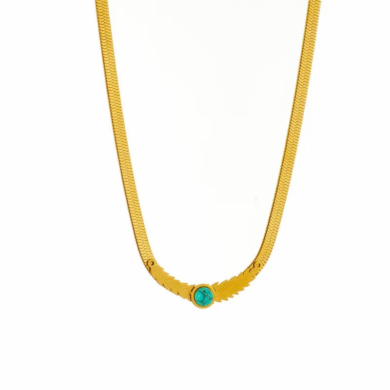Retro Wings Titanium Steel Inlay Turquoise 18K Gold Plated Necklace_colorza_4