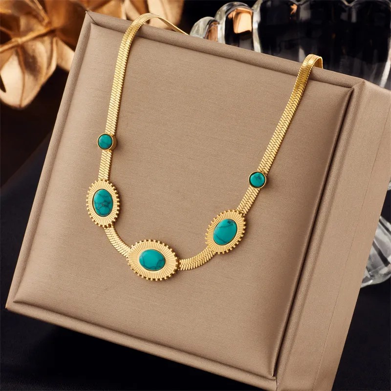 Retro Oval Titanium Steel Inlay Turquoise 18K Gold Plated Necklace_colorza_1