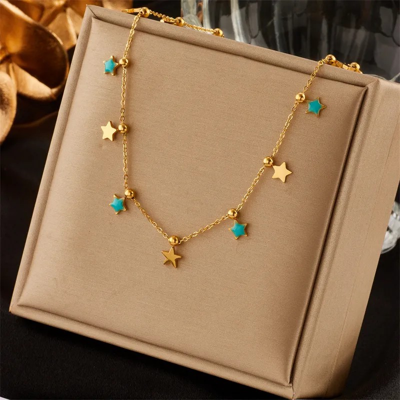 Simple Style Pentagram Titanium Steel Enamel 18K Gold Plated Necklace_colorza_1