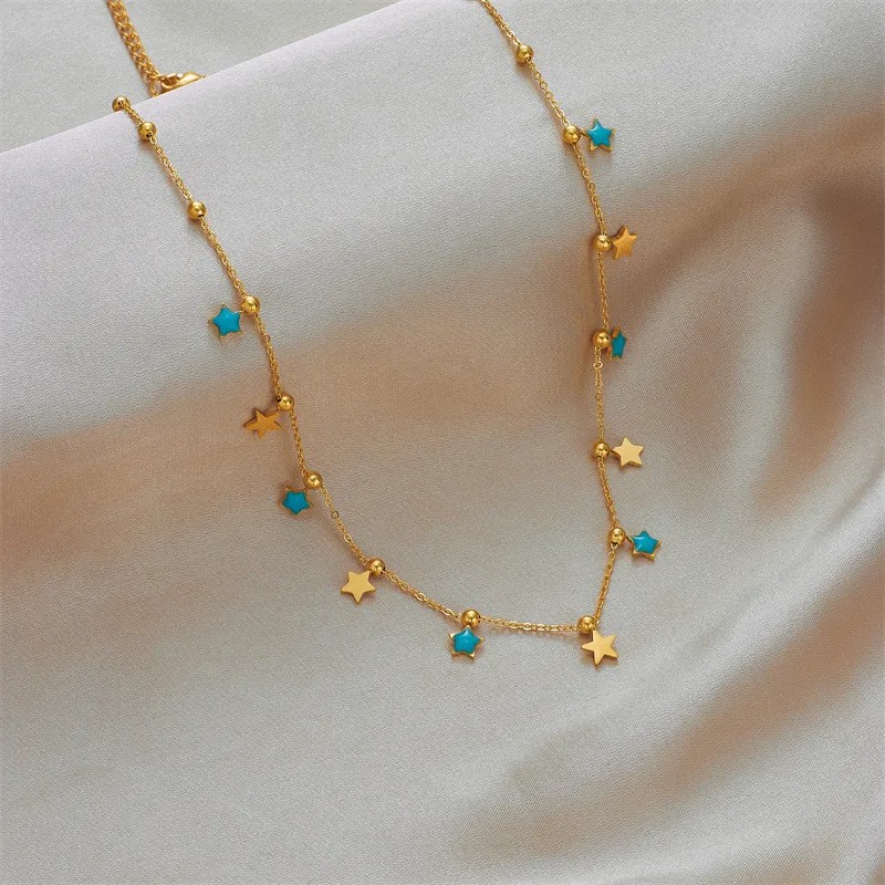 Simple Style Pentagram Titanium Steel Enamel 18K Gold Plated Necklace_colorza_2