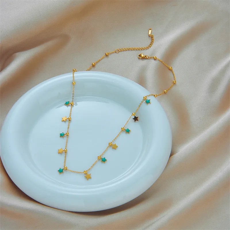 Simple Style Pentagram Titanium Steel Enamel 18K Gold Plated Necklace_colorza_3