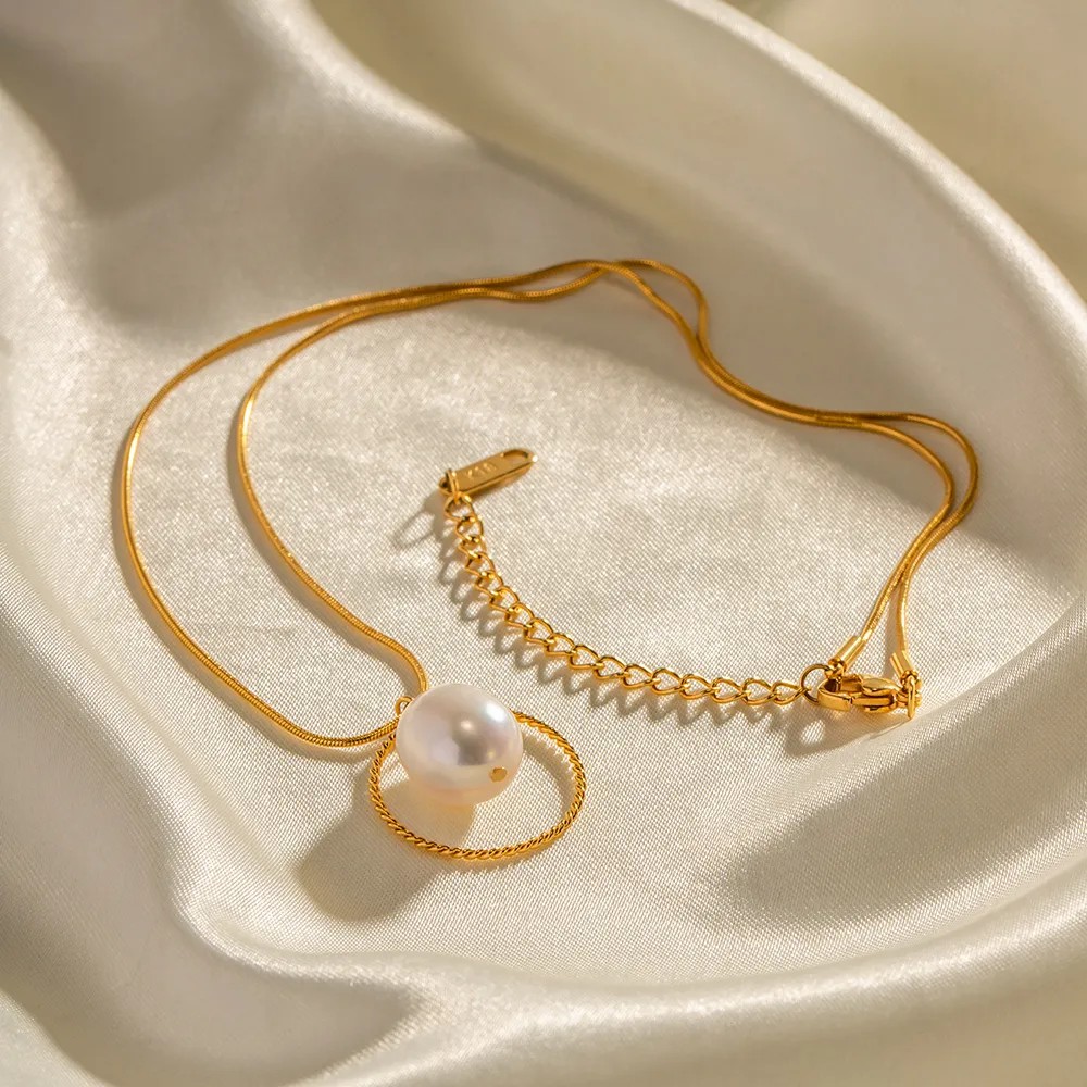 INS Style Simple Style Circle Stainless Steel Pearl Plating 18K Gold Plated Pendant Necklace_colorza_2