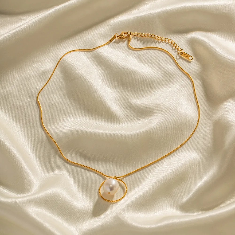 INS Style Simple Style Circle Stainless Steel Pearl Plating 18K Gold Plated Pendant Necklace_colorza_4