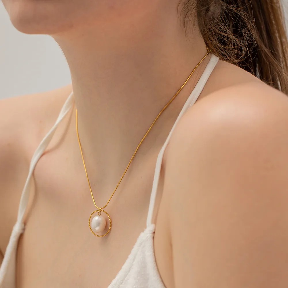 INS Style Simple Style Circle Stainless Steel Pearl Plating 18K Gold Plated Pendant Necklace_colorza_6