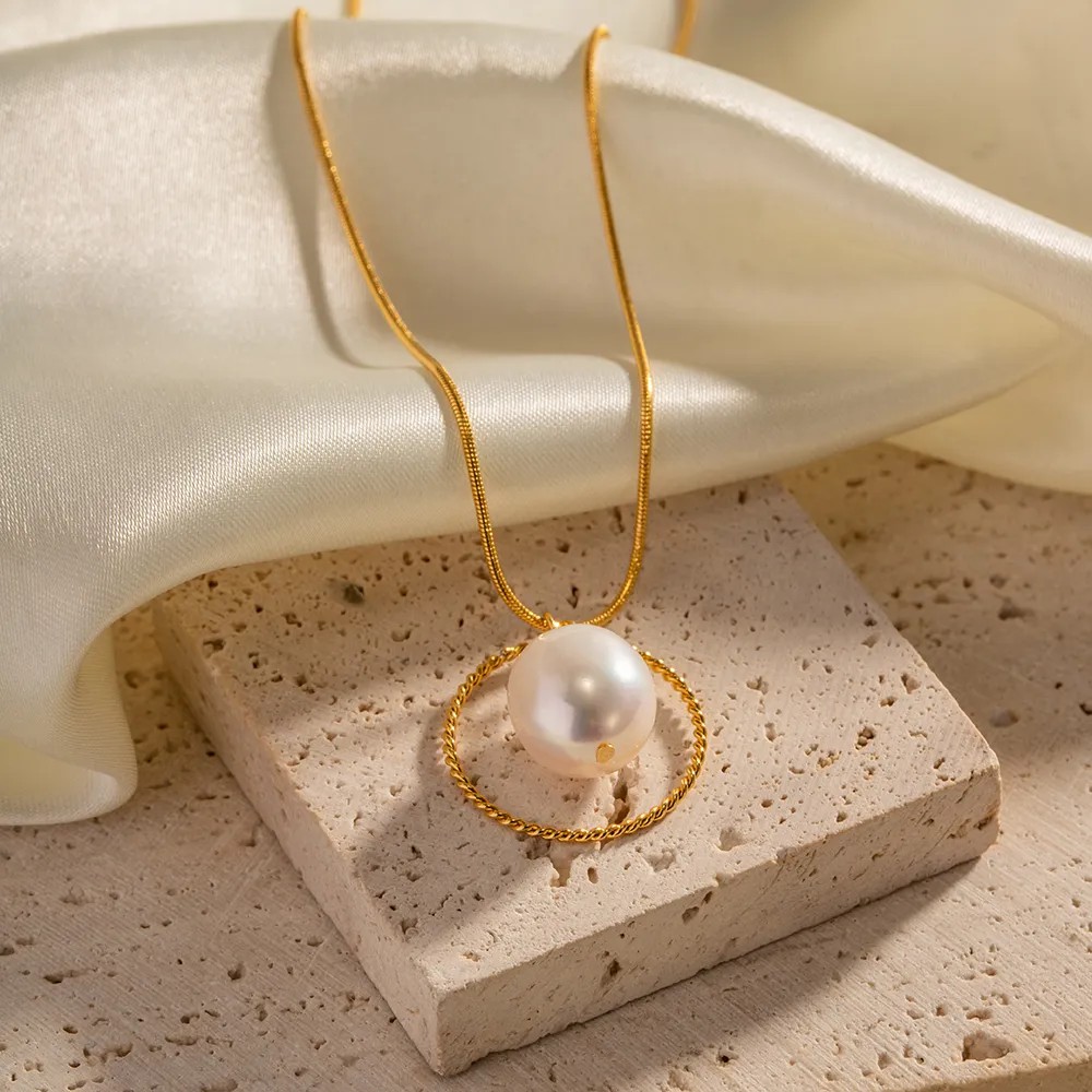 INS Style Simple Style Circle Stainless Steel Pearl Plating 18K Gold Plated Pendant Necklace_colorza_9