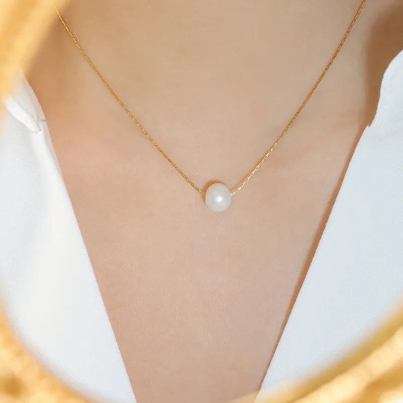 Simple Style Classic Style Round Freshwater Pearl Titanium Steel 18K Gold Plated Pendant Necklace_colorza_1