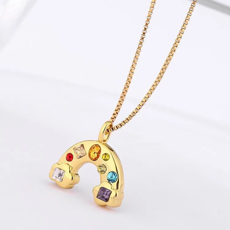 Retro Sweet Rainbow Titanium Steel Plating Inlay Zircon 18K Gold Plated Pendant Necklace Long Necklace_colorza_1