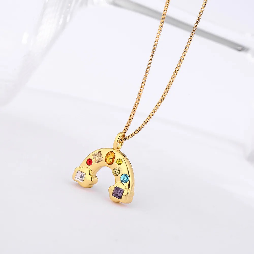 Retro Sweet Rainbow Titanium Steel Plating Inlay Zircon 18K Gold Plated Pendant Necklace Long Necklace_colorza_3