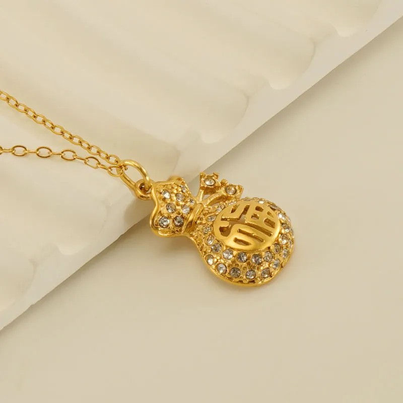 Chinoiserie Modern Style Lucky Bag Stainless Steel Plating Inlay Rhinestones 18K Gold Plated Pendant Necklace_colorza_1