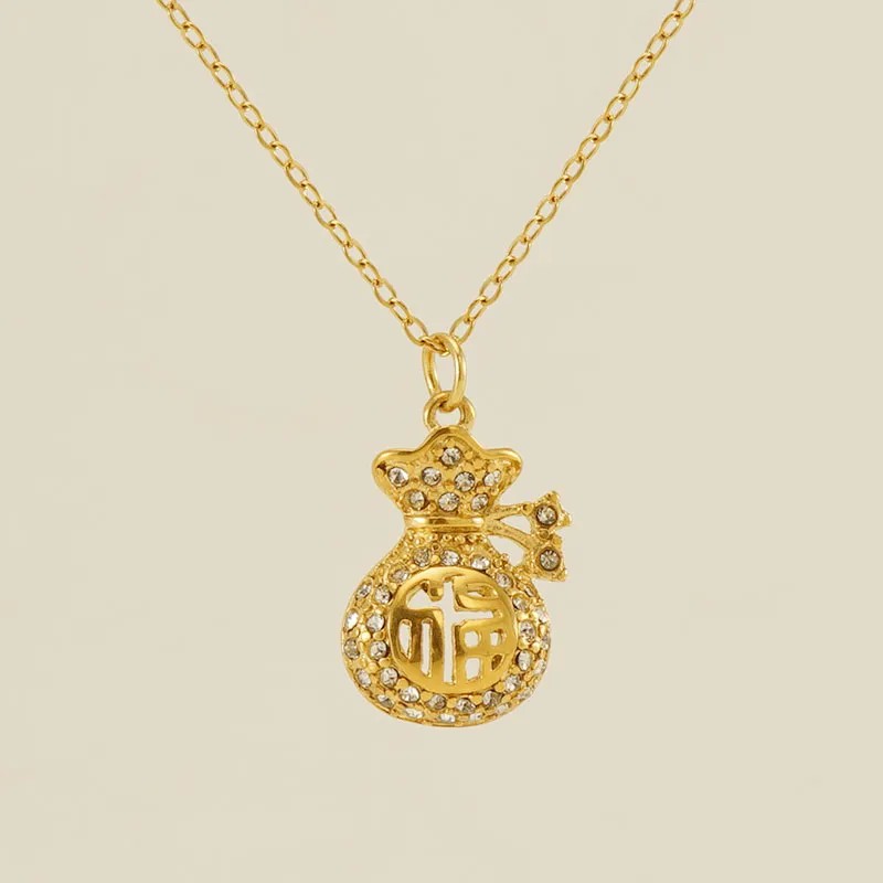 Chinoiserie Modern Style Lucky Bag Stainless Steel Plating Inlay Rhinestones 18K Gold Plated Pendant Necklace_colorza_3