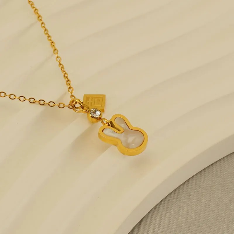 Cute Modern Style Rabbit Word Stainless Steel Plating Inlay Rhinestones Shell 18K Gold Plated Pendant Necklace Long Necklace_colorza_2