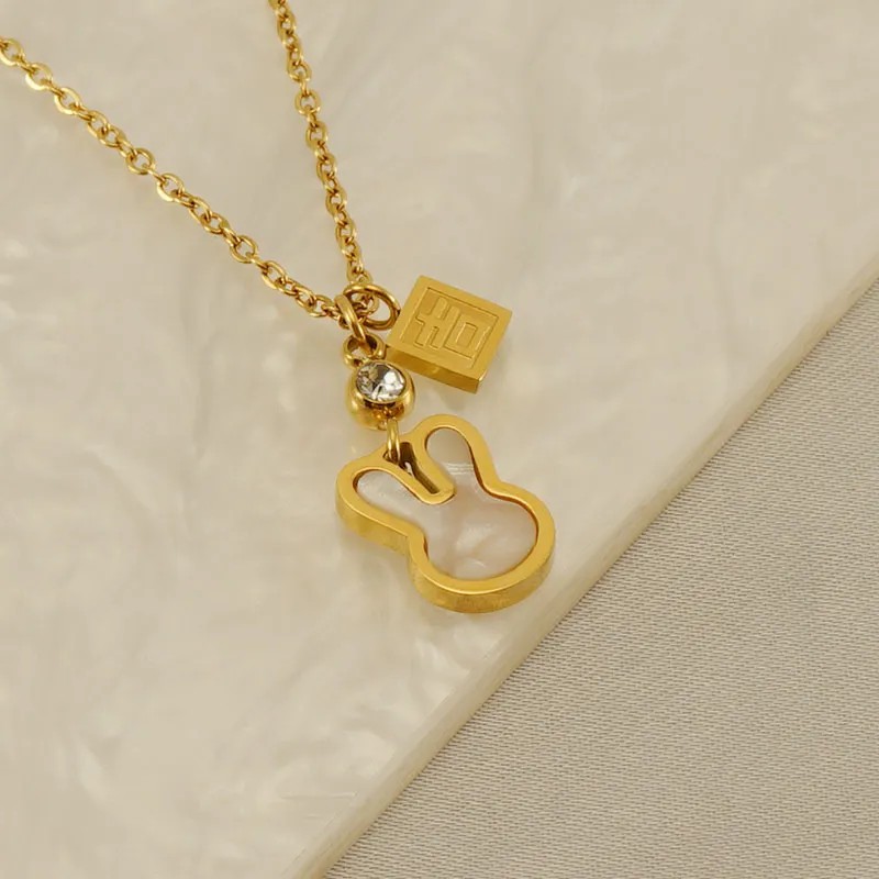 Cute Modern Style Rabbit Word Stainless Steel Plating Inlay Rhinestones Shell 18K Gold Plated Pendant Necklace Long Necklace_colorza_3