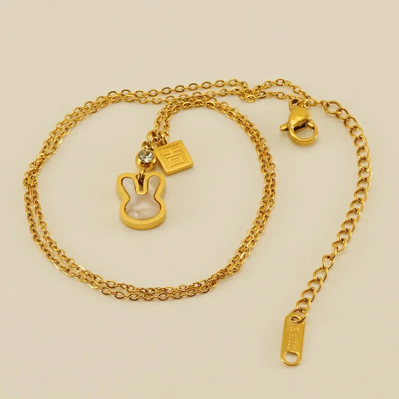 Cute Modern Style Rabbit Word Stainless Steel Plating Inlay Rhinestones Shell 18K Gold Plated Pendant Necklace Long Necklace_colorza_4