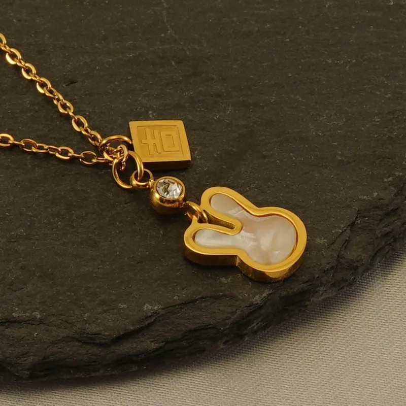 Cute Modern Style Rabbit Word Stainless Steel Plating Inlay Rhinestones Shell 18K Gold Plated Pendant Necklace Long Necklace_colorza_5