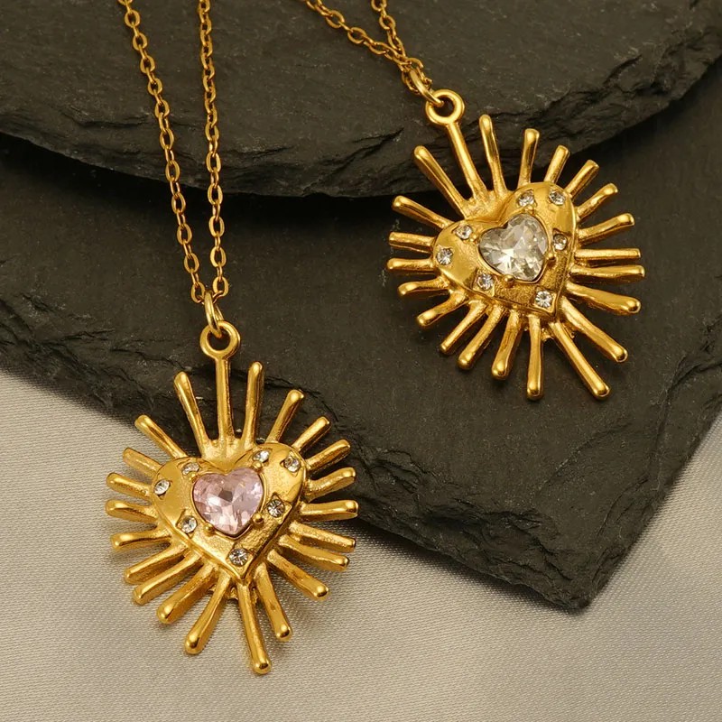 Modern Style Heart Shape Stainless Steel Plating Inlay Zircon 18K Gold Plated Pendant Necklace_colorza_2