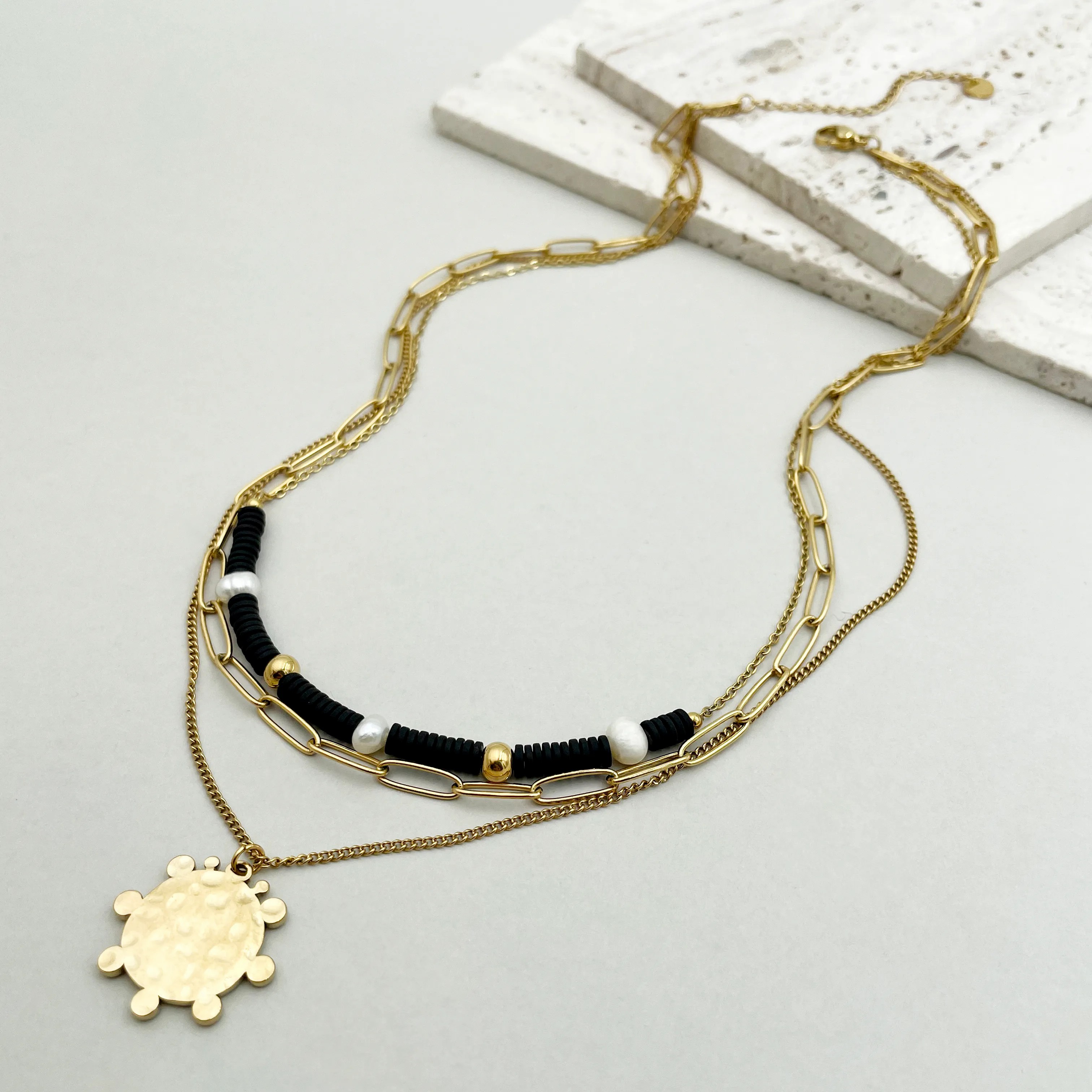 Vintage Style Geometric Stainless Steel Soft Clay Inlay Pearl 14K Gold Plated Layered Necklaces_colorza_2