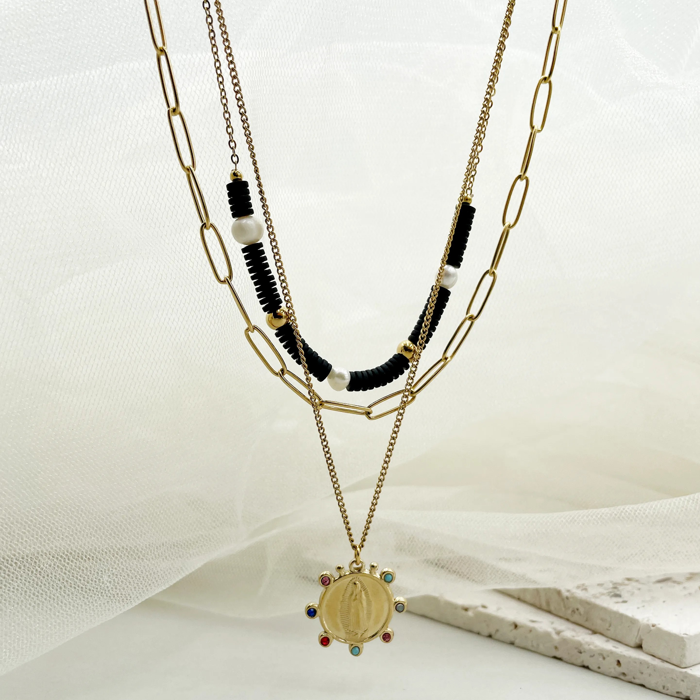 Vintage Style Geometric Stainless Steel Soft Clay Inlay Pearl 14K Gold Plated Layered Necklaces_colorza_4