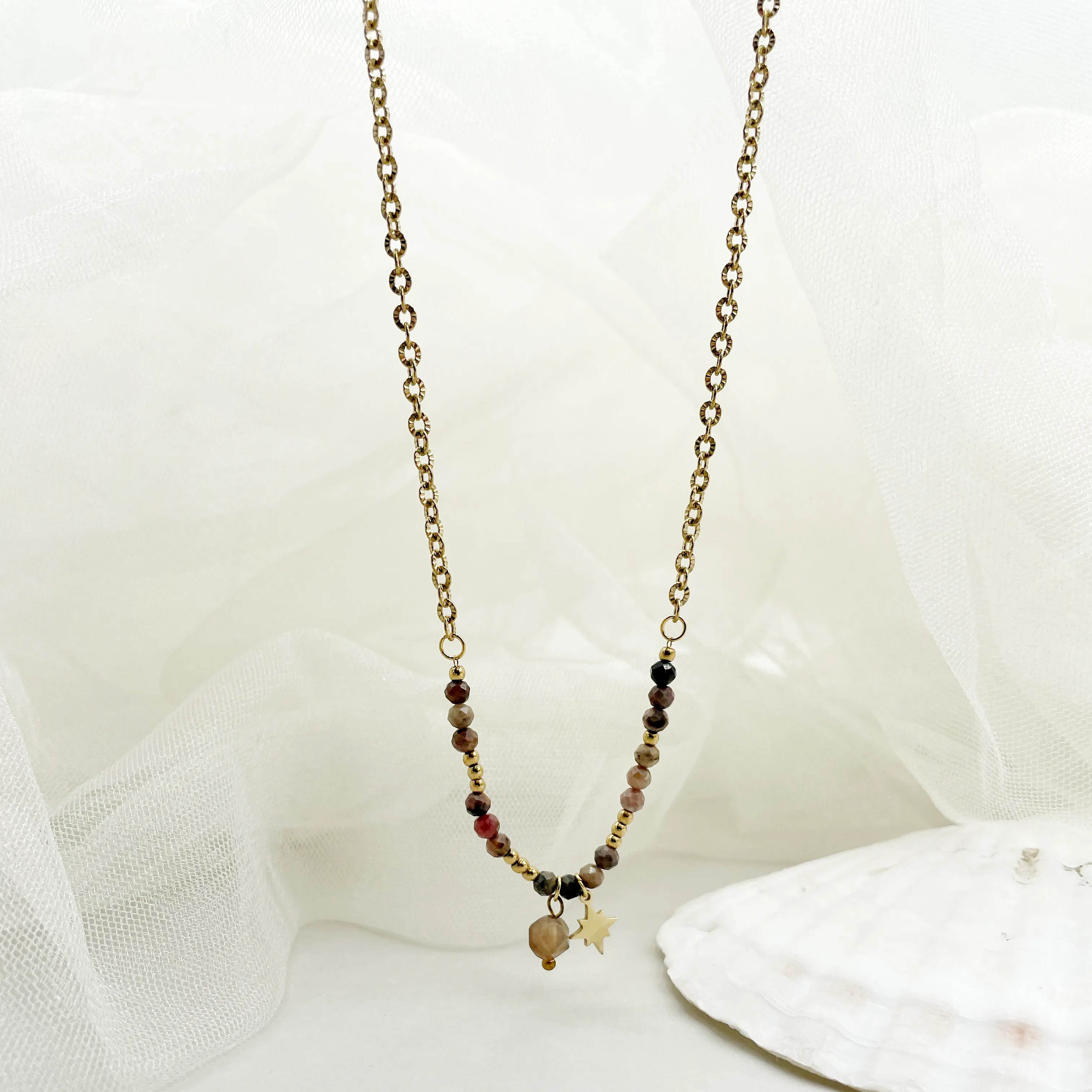 Vintage Style Star Stainless Steel Inlay Natural Stone Gold Plated Necklace_colorza_2