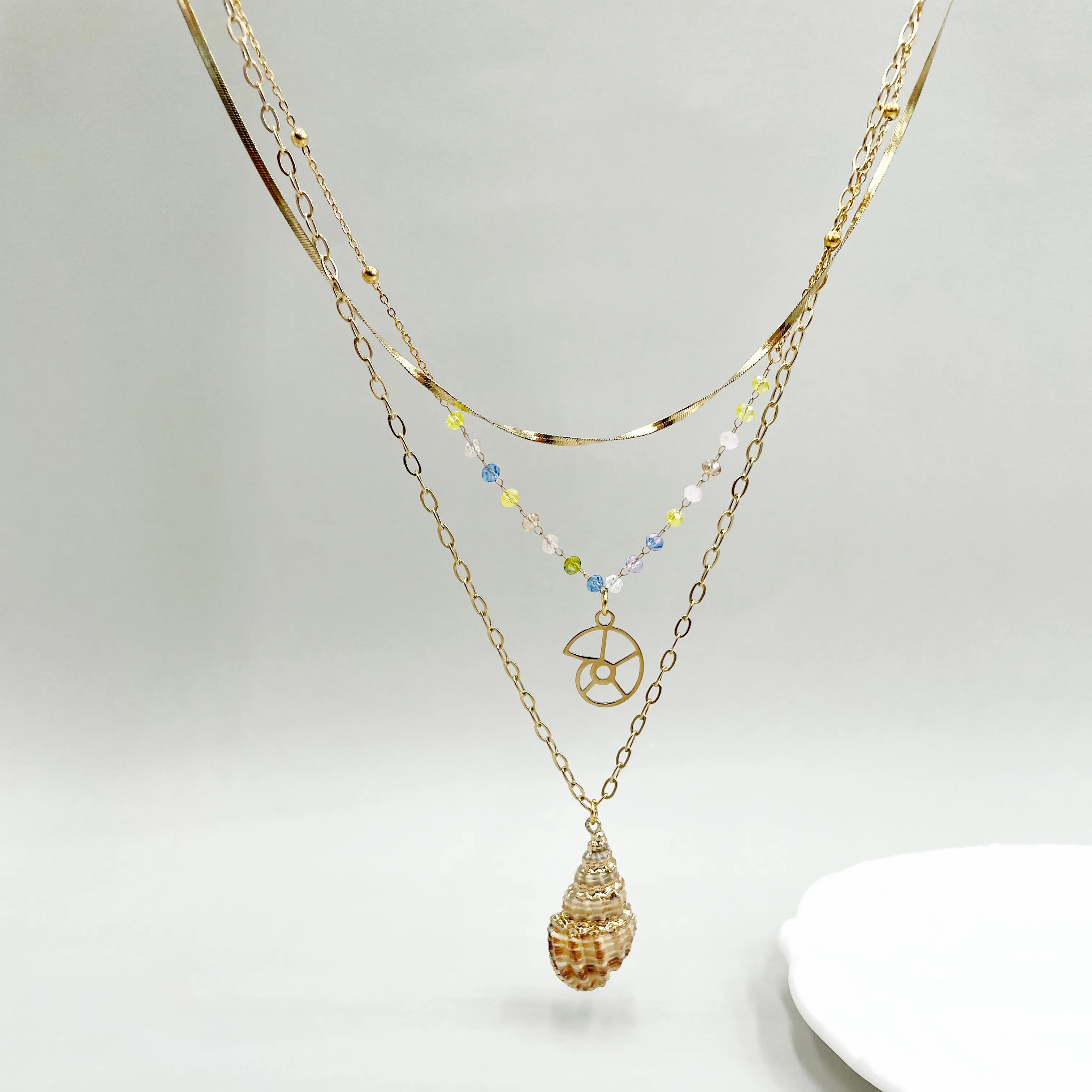 Beach Conch Snails Stainless Steel Inlay Artificial Crystal Gold Plated Layered Necklaces_colorza_2