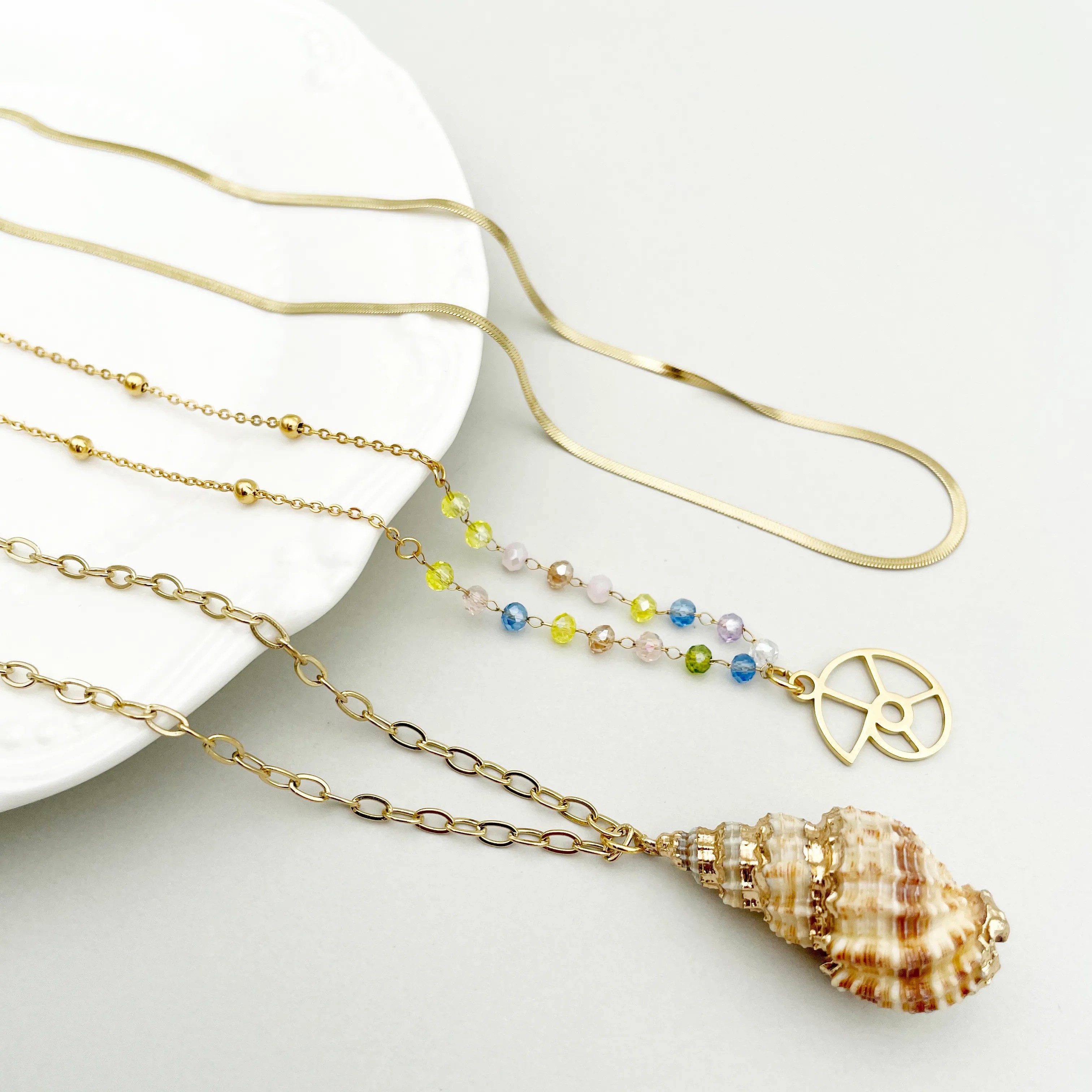 Beach Conch Snails Stainless Steel Inlay Artificial Crystal Gold Plated Layered Necklaces_colorza_4