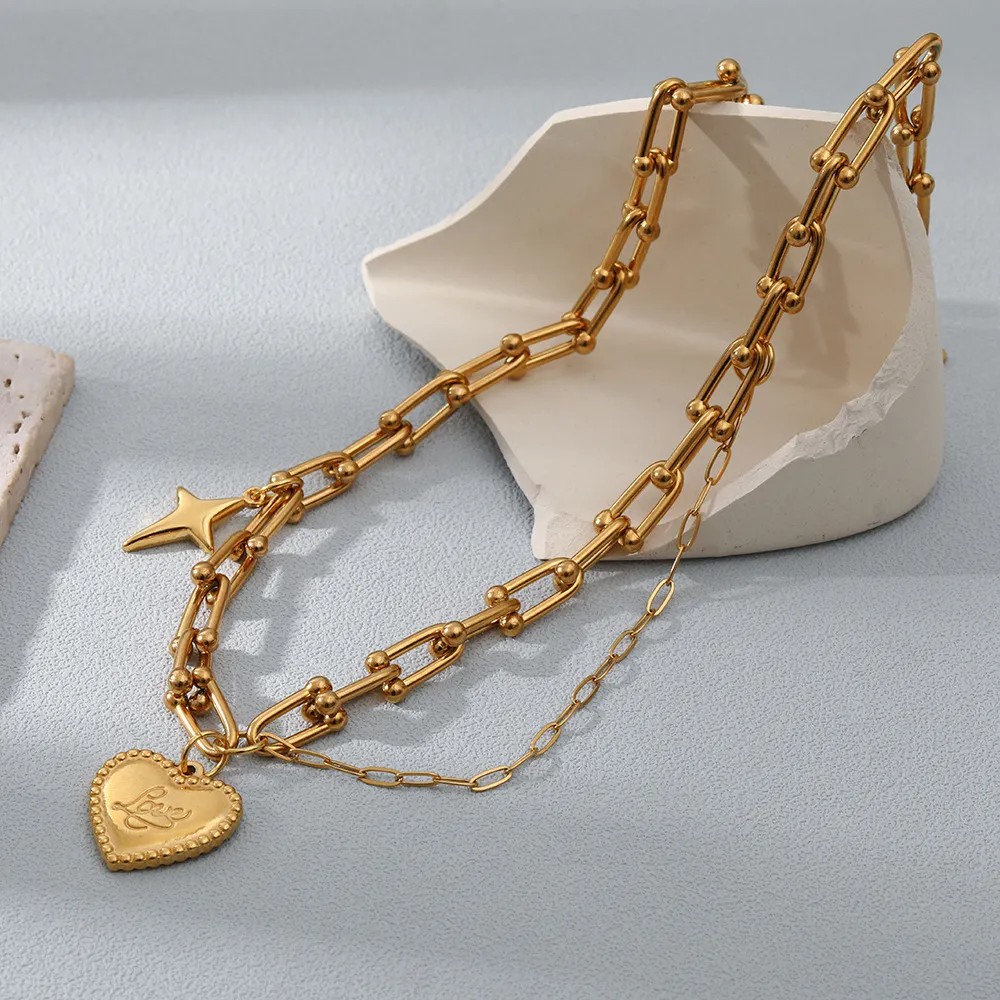 Romantic Simple Style Love Star Heart Shape Stainless Steel Plating Chain 18K Gold Plated Pendant Necklace_colorza_2