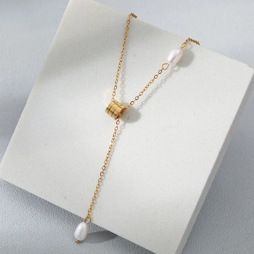 Casual Simple Style Solid Color Stainless Steel Freshwater Pearl Plating 18K Gold Plated Pendant Necklace_colorza_2