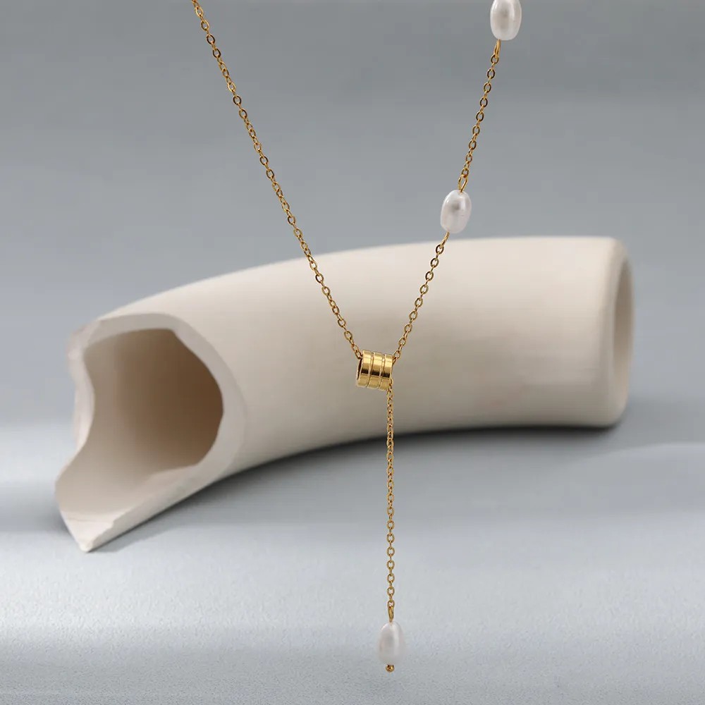 Casual Simple Style Solid Color Stainless Steel Freshwater Pearl Plating 18K Gold Plated Pendant Necklace_colorza_4