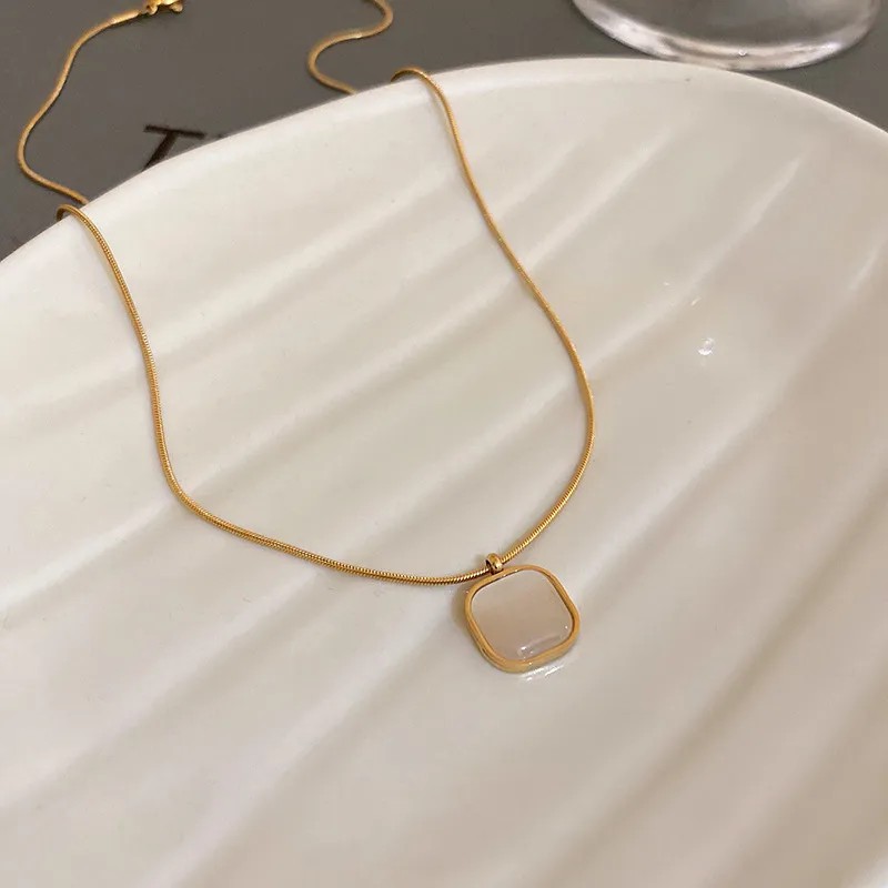 Hip-Hop Simple Style Square Titanium Steel Plating Inlay Opal 18K Gold Plated Pendant Necklace_colorza_2