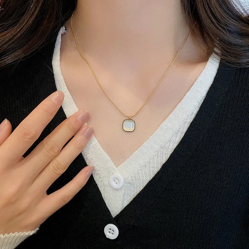 Hip-Hop Simple Style Square Titanium Steel Plating Inlay Opal 18K Gold Plated Pendant Necklace_colorza_3