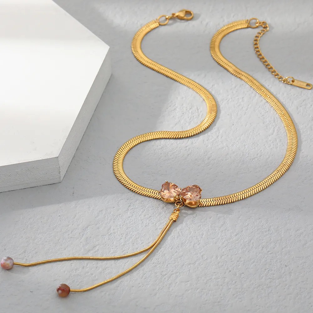 Casual Simple Style Heart Shape Bow Knot Stainless Steel Plating Inlay Zircon 18K Gold Plated Pendant Necklace_colorza_4