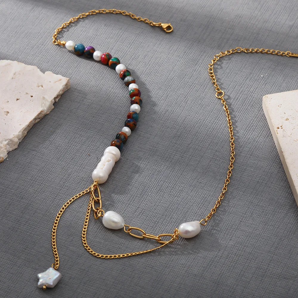 Casual Simple Style Star Stainless Steel Natural Stone Freshwater Pearl Plating 18K Gold Plated Pendant Necklace Long Necklace_colorza_3