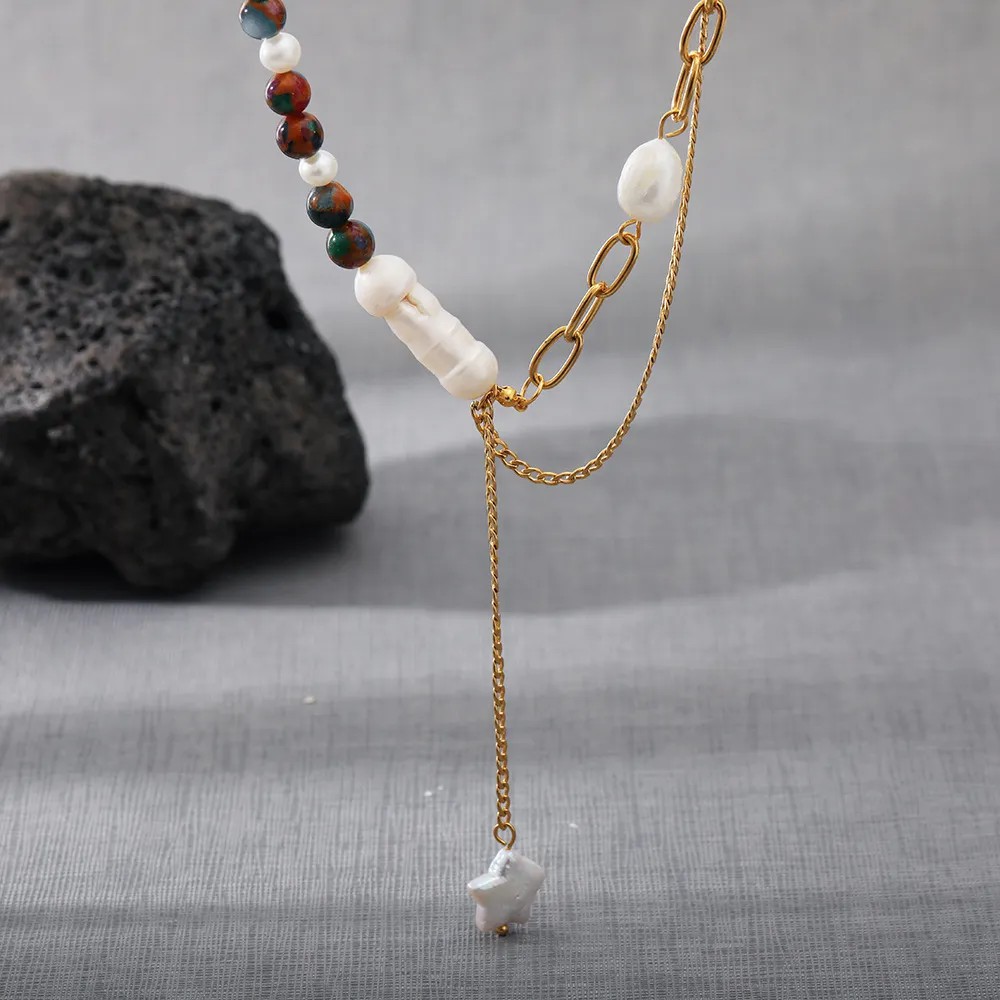 Casual Simple Style Star Stainless Steel Natural Stone Freshwater Pearl Plating 18K Gold Plated Pendant Necklace Long Necklace_colorza_4