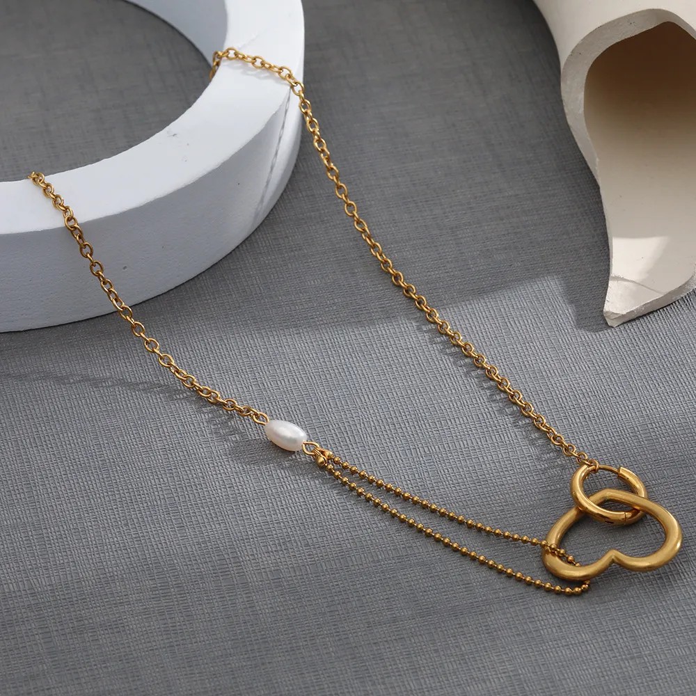 Casual Simple Style Heart Shape Stainless Steel Freshwater Pearl Layered Plating Hollow Out 18K Gold Plated Necklace_colorza_2
