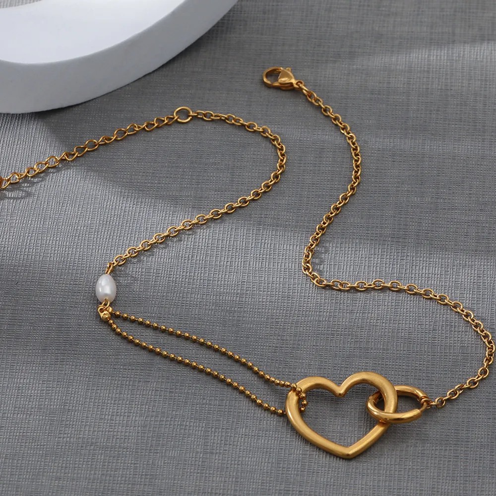 Casual Simple Style Heart Shape Stainless Steel Freshwater Pearl Layered Plating Hollow Out 18K Gold Plated Necklace_colorza_3